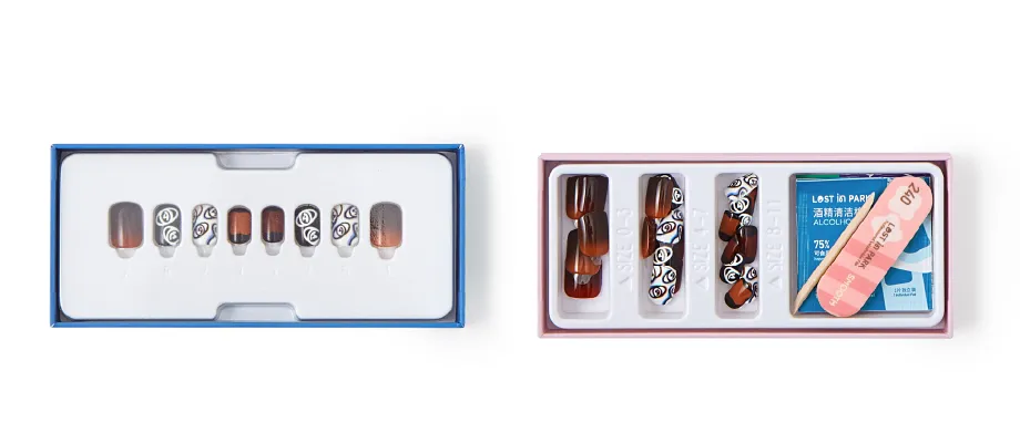 LOST in PARK press-on nail set displayed in inner tray with included prep tools