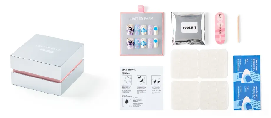 LOST in PARK complete press-on nail kit with silver box, nail tools, adhesive tabs and accessories