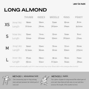 Long Almond press-on nail size chart showing XS to L arc widths and lengths for all five fingers.