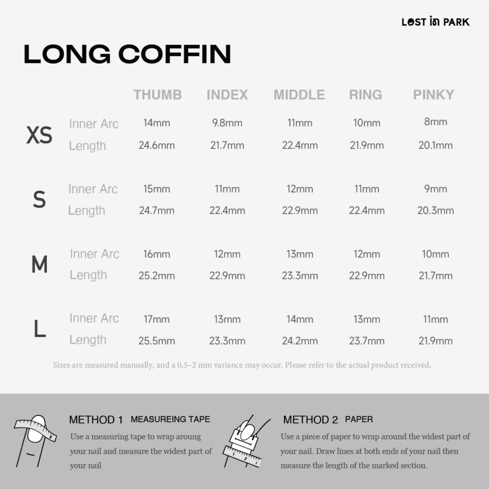 LOST in PARK long coffin press-on nail size guide with inner arc width and length measurements for XS to L.