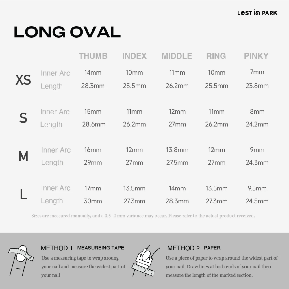 Long Oval press-on nail size guide chart showing inner arc and length measurements for XS to L with measuring instructions.