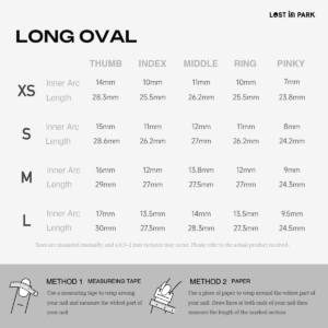 Long Oval press-on nail size guide chart showing inner arc and length measurements for XS to L with measuring instructions.