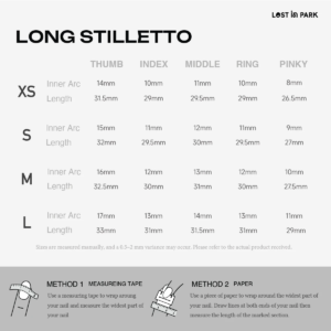 Long stiletto press-on nail size guide with inner arc and length measurements for XS to L sizes