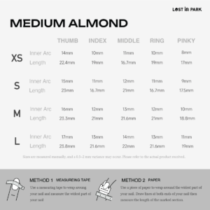 Lost in Park medium almond press-on nail size guide with measurements for XS to L using inner arc and length dimensions