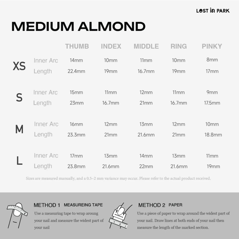 Medium almond press-on nails size guide with inner arc and length measurements for XS to L.