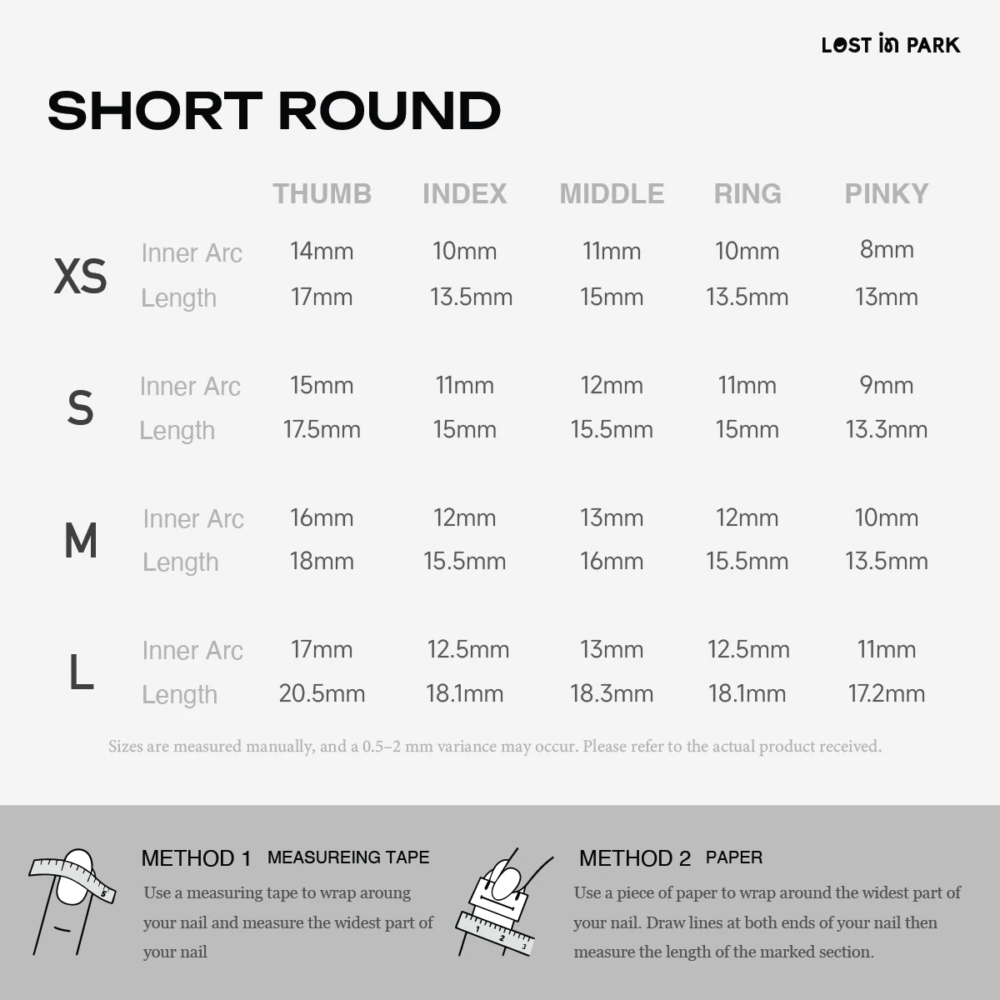 Size chart for LOST in PARK short round press-on nails with inner arc and length measurements for XS to L.