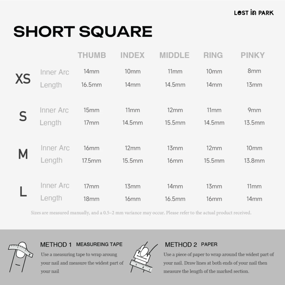 LOST in PARK Short Square press-on nail size chart – XS to L measurements