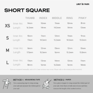 Short Square nail size guide chart showing XS to L measurements for thumb, index, middle, ring, and pinky.