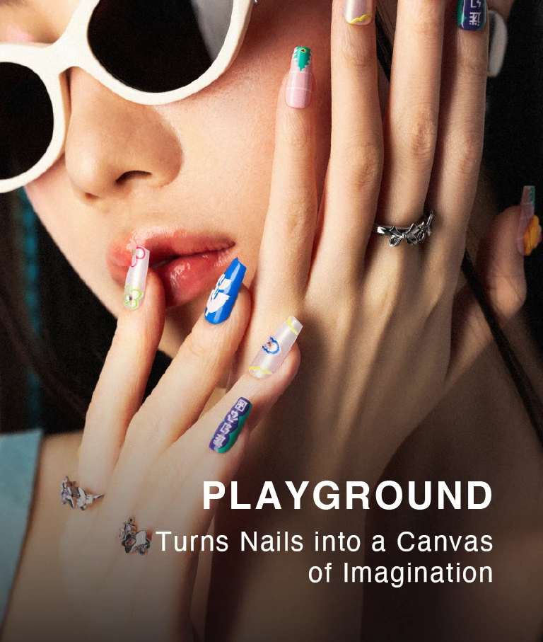 Kawaii style colorful press-on nails with Japanese text and 3D art from LOST in PARK