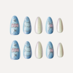 Medium almond press-on nail set in blue gradient and pearl shimmer with candy and outline motifs.
