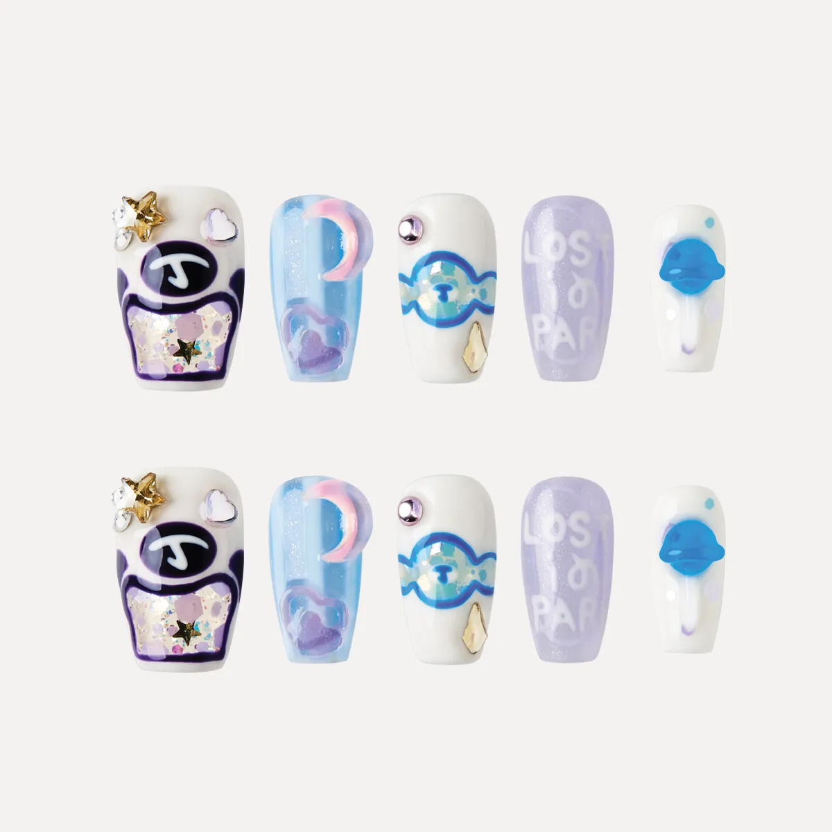 Blue Lollipop press-on nail set displayed flat, featuring candy motifs, pastel colors, and 3D embellishments.
