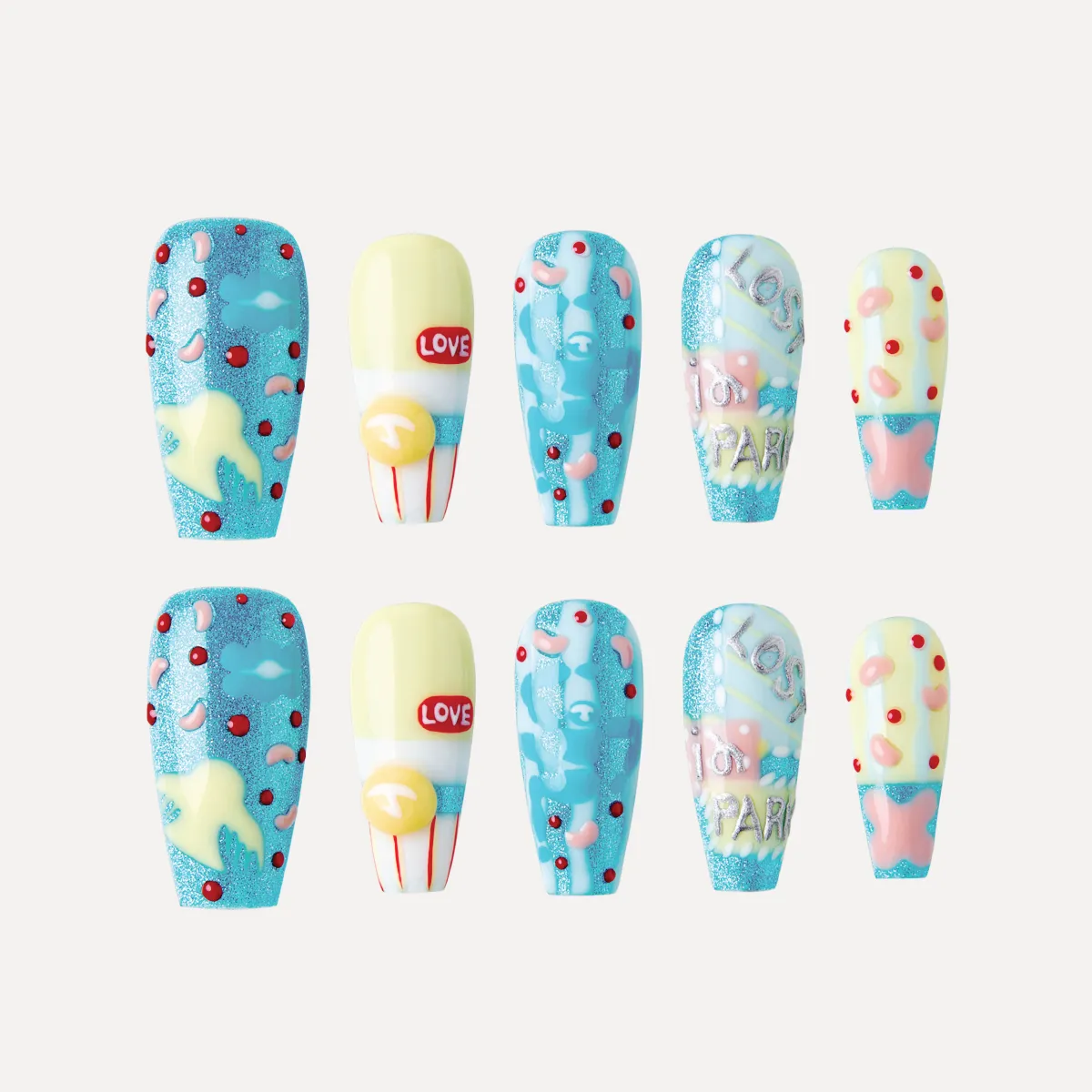 Candy Night long coffin press-on nail set with blue glitter, pastel yellow, abstract shapes, and LOVE soda-bottle motif.