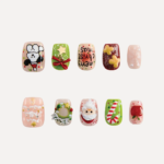 latlay of Christmas-themed short square press-on nail set featuring Santa Claus, wreath, gingerbread cookies, candy cane, gift bow, puppy illustration, and festive glitter accents.