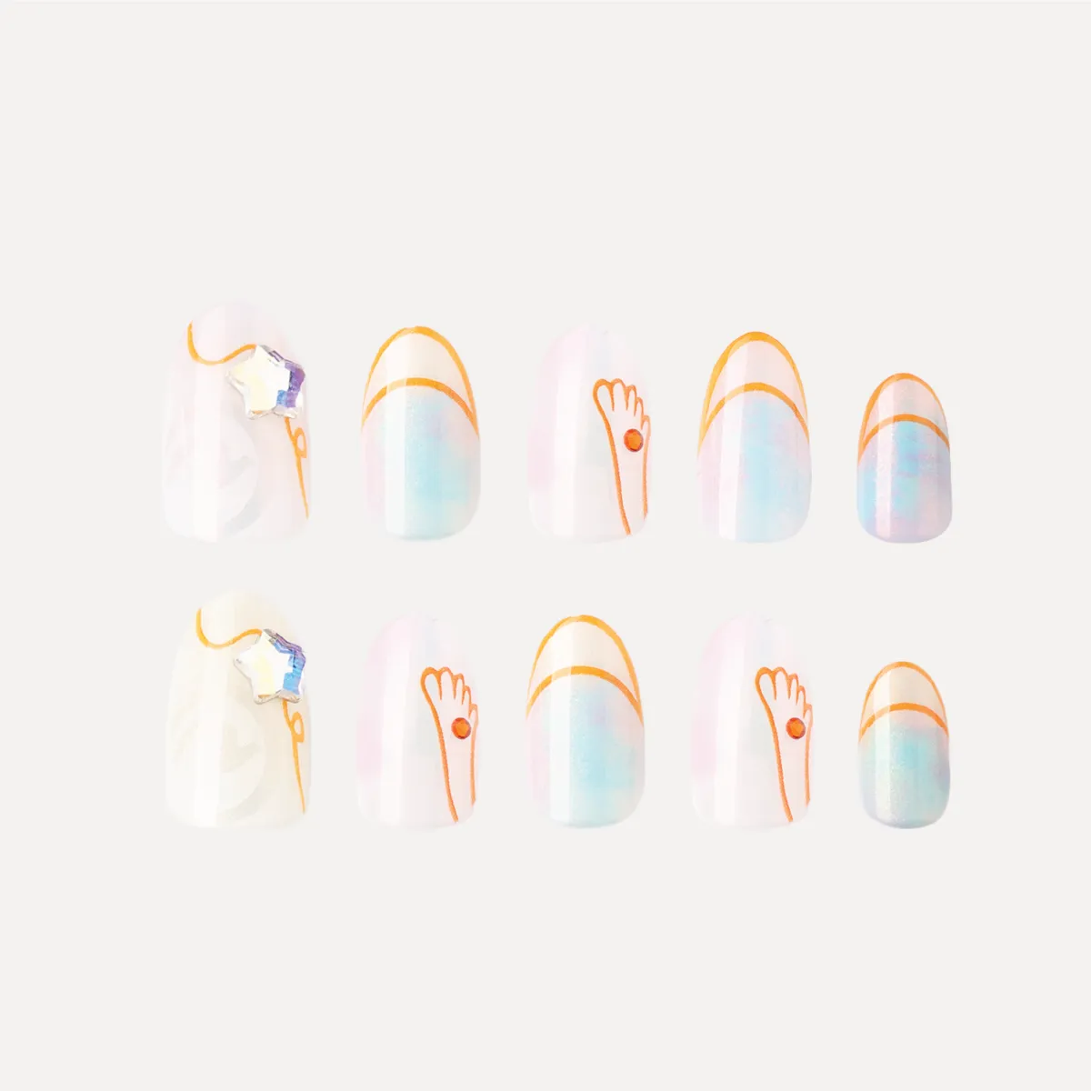 Flat-lay display of the “Crystal Mist” press-on nail set, featuring pastel holographic gradients, orange contour lines, and star embellishment details.