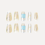 Full flat-lay display of Digital Galaxy press-on nails in silver, gold, and blue digital panel designs