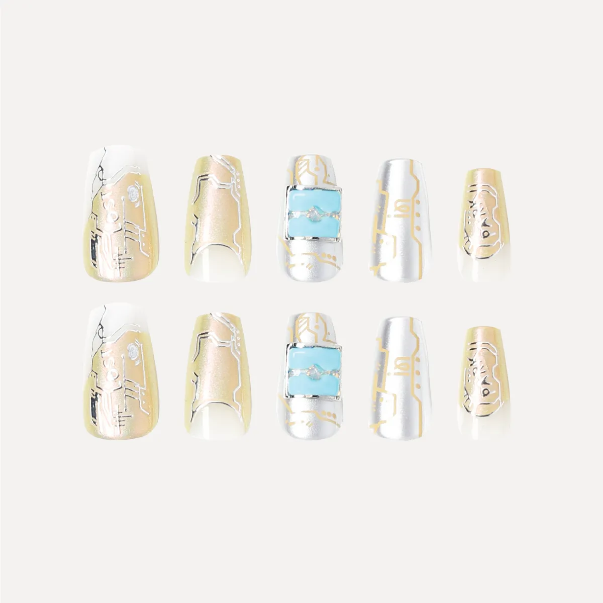 Full flat-lay display of Digital Galaxy press-on nails in silver, gold, and blue digital panel designs