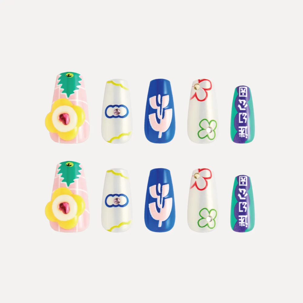 Full set of Flower Bazaar press-on nails arranged in two rows with floral and graphic patterns