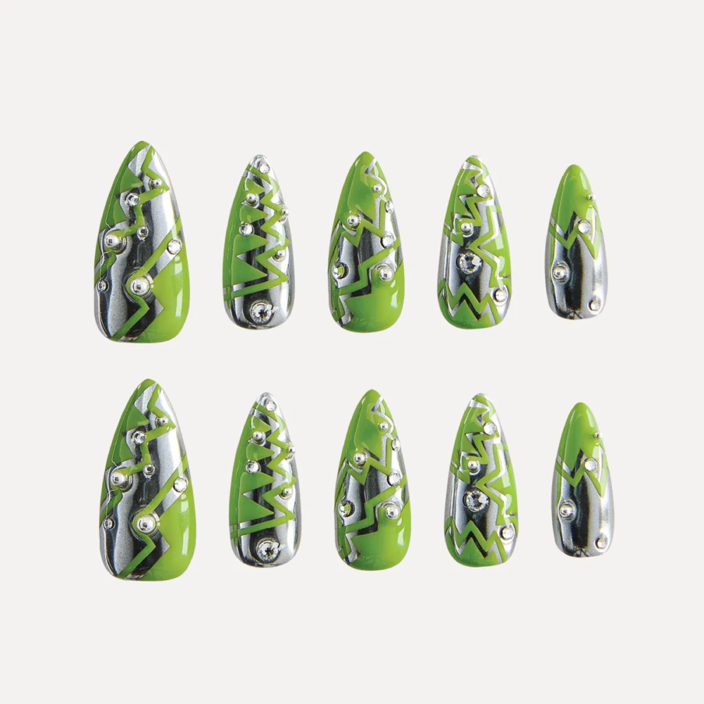 Set of ten Glow Tangle press-on nails with electric green and chrome design in medium stiletto shape