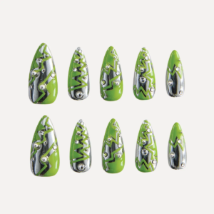 Set of ten Glow Tangle press-on nails with electric green and chrome design in medium stiletto shape