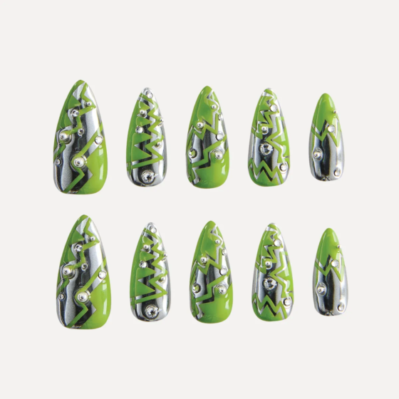 Set of ten Glow Tangle press-on nails with electric green and chrome design in medium stiletto shape