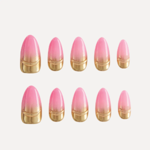 Flat lay of 10-piece Jelly Wink press-on nail set with pink ombré and metallic gold tips