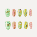 Top-down view of a 10-piece LOST in PARK press-on nail set with vibrant green, yellow, and pink colors, featuring 3D charms and playful patterns.