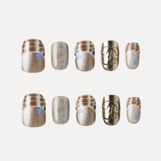 Full Mocha Mirage nail design set – 10 unique press-on nail pieces