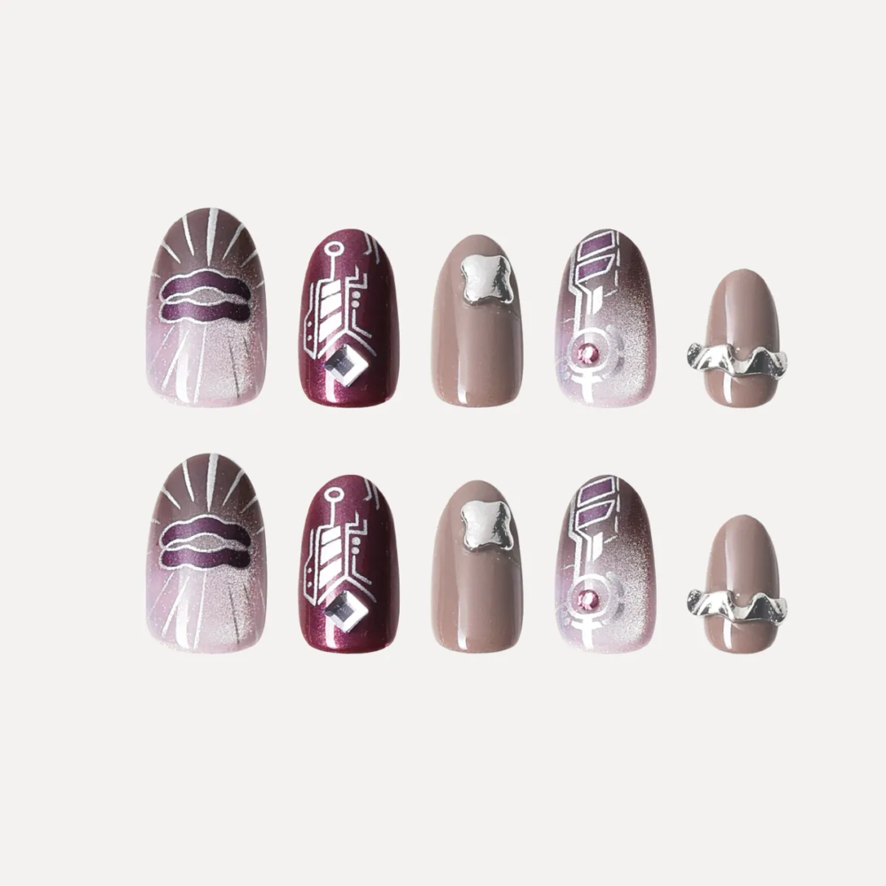 Ten-piece set of Purple Riffle press-on nails with metallic lips, geometric designs, and chrome 3D details