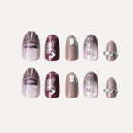 Ten-piece set of Purple Riffle press-on nails with metallic lips, geometric designs, and chrome 3D details