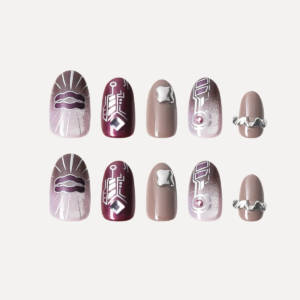 Ten-piece set of Purple Riffle press-on nails with metallic lips, geometric designs, and chrome 3D details
