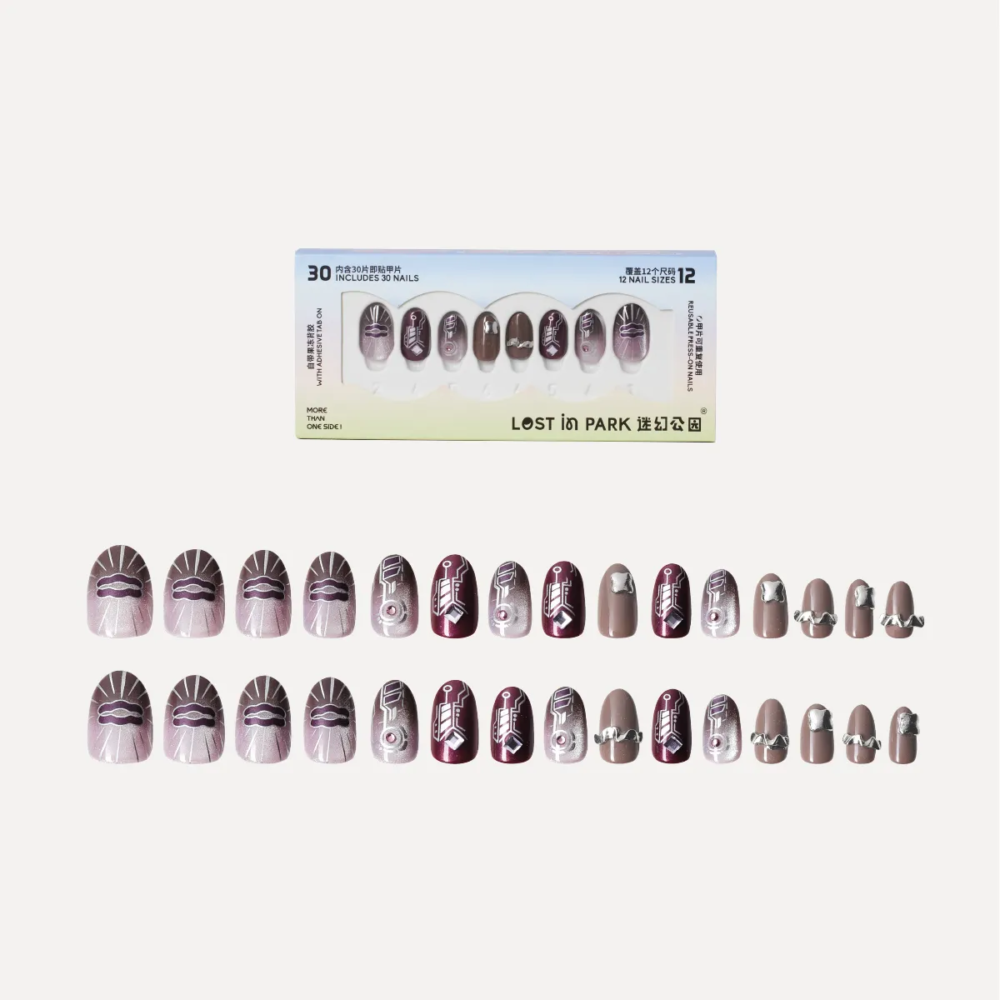 Full 30-piece Purple Riffle press-on nail set with packaging and size layout included