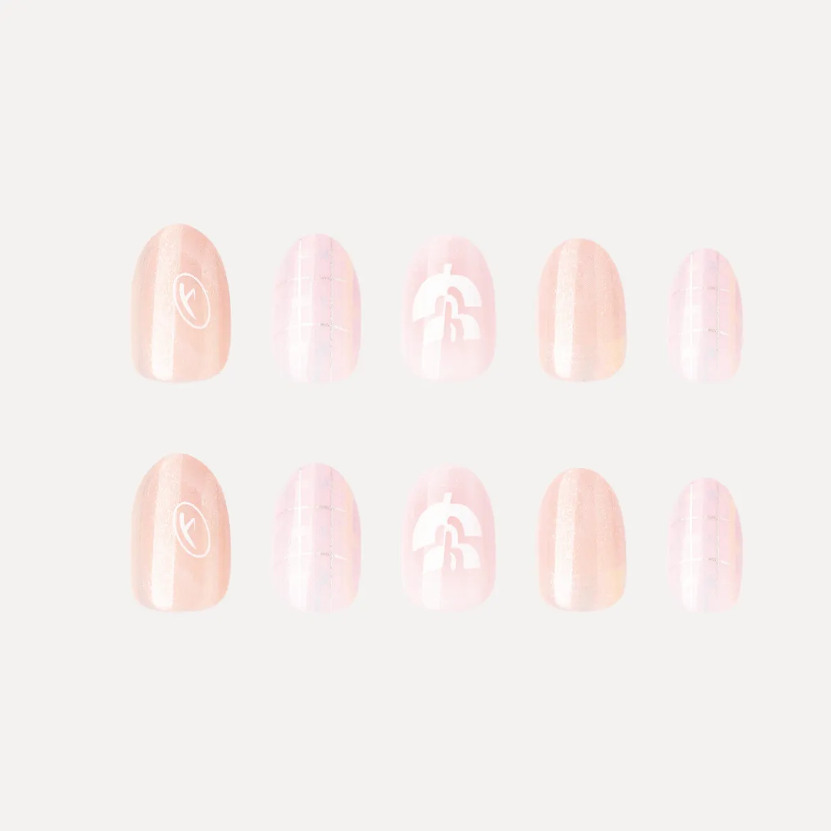 Flat lay of 10 press-on nails from LOST in PARK’s Wave Plaid set, featuring shimmer and grid design.