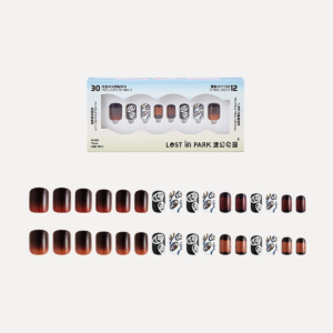 Product packaging of Plum Rhapsody press-on nails with 30 pieces in mix of gradient plum tones, eye graphics, and square overlays.