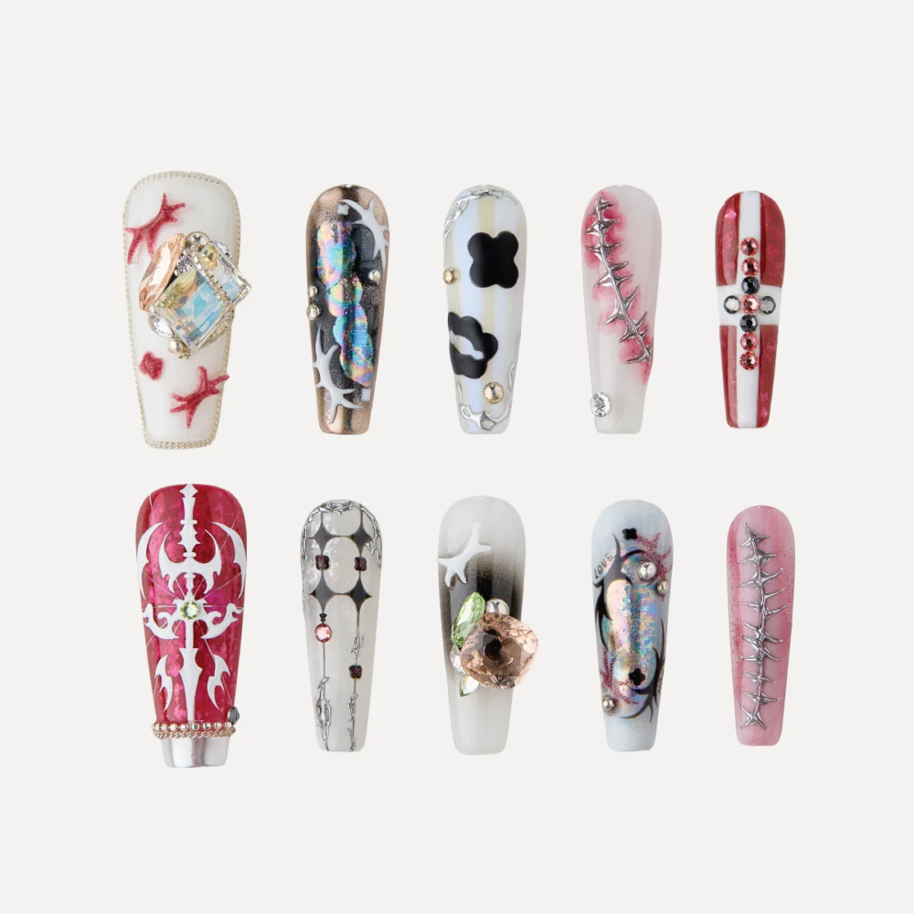 lost-in-park-Cyber Core-press-on-nails Cyber Core long coffin press on nail set with red, chrome, and crystal designs