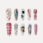Cyber Core long coffin press on nail set with red, chrome, and crystal designs
