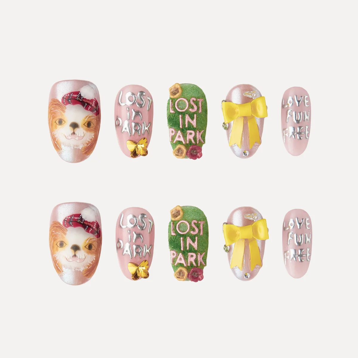 Short oval press on nails full set layout with mixed playful designs