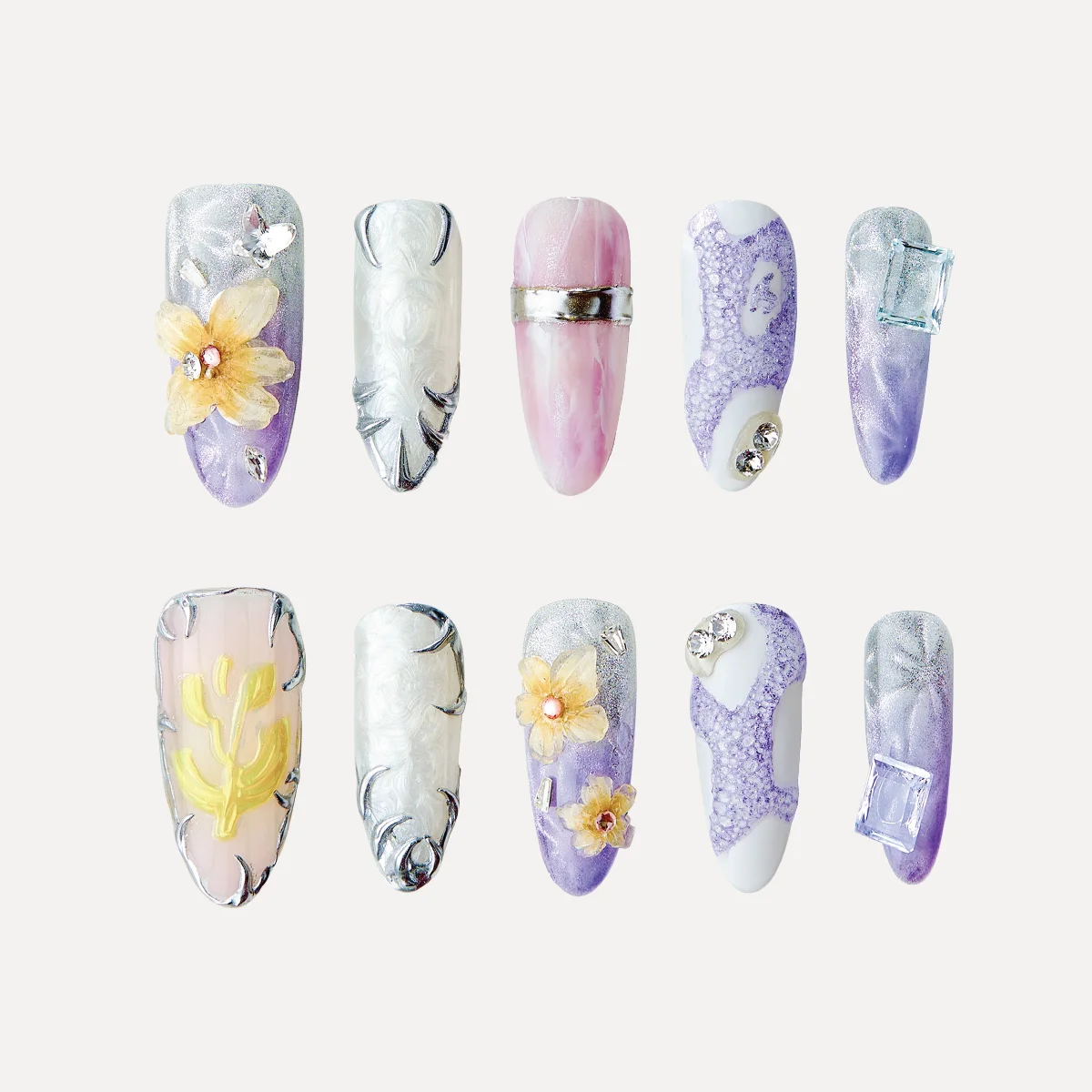 Ice Capped Garden press-on nails featuring translucent florals, icy textures, and soft pastel gradients