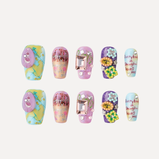 LOST in PARK medium coffin press-on nail set with mixed pastel designs