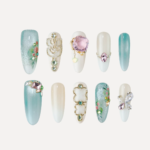 Minty Glaze long oval press on nails set with mint green and pearl designs