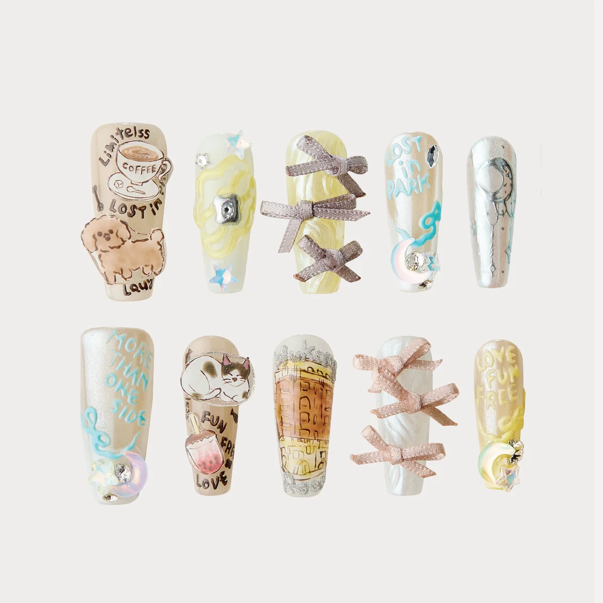 Urban Rituals press-on nails featuring coffee motifs, bows, hand-drawn typography, and playful 3D charms.