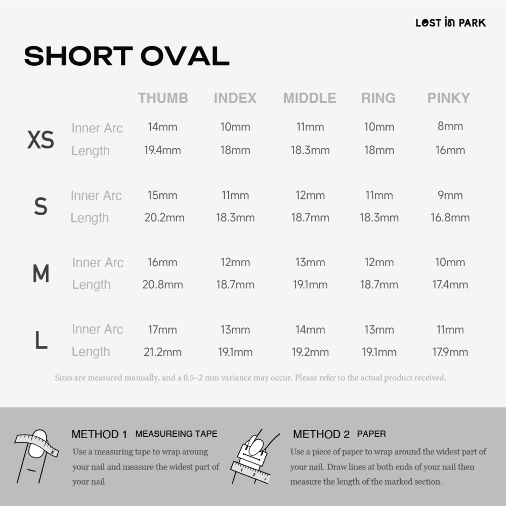 LOST in PARK short oval press on nail size guide with measurements