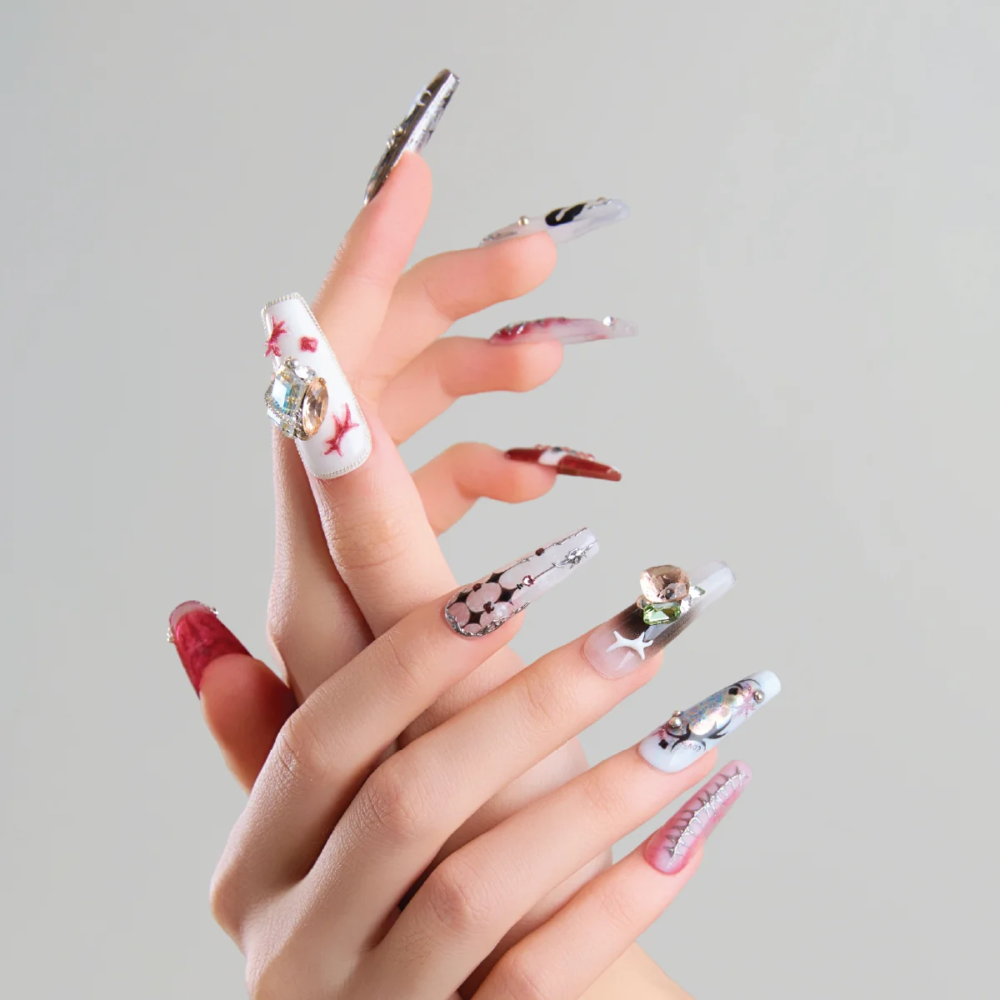 Cyber Core long coffin press on nails with chrome, crystal, and abstract patterns