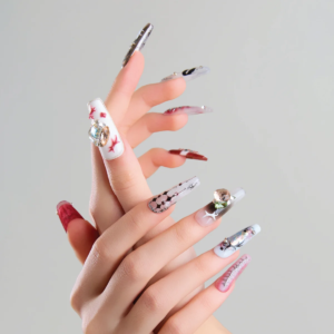 Cyber Core long coffin press on nails with chrome, crystal, and abstract patterns