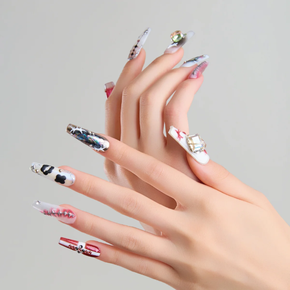 Futuristic long coffin press on nails with holographic and crystal accents