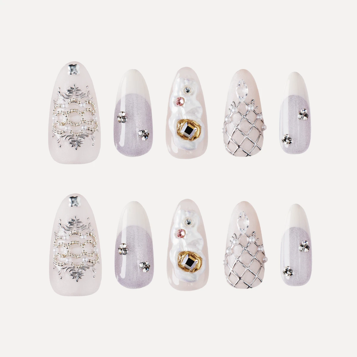 Medium almond press-on nail set with silver filigree and crystal embellishments