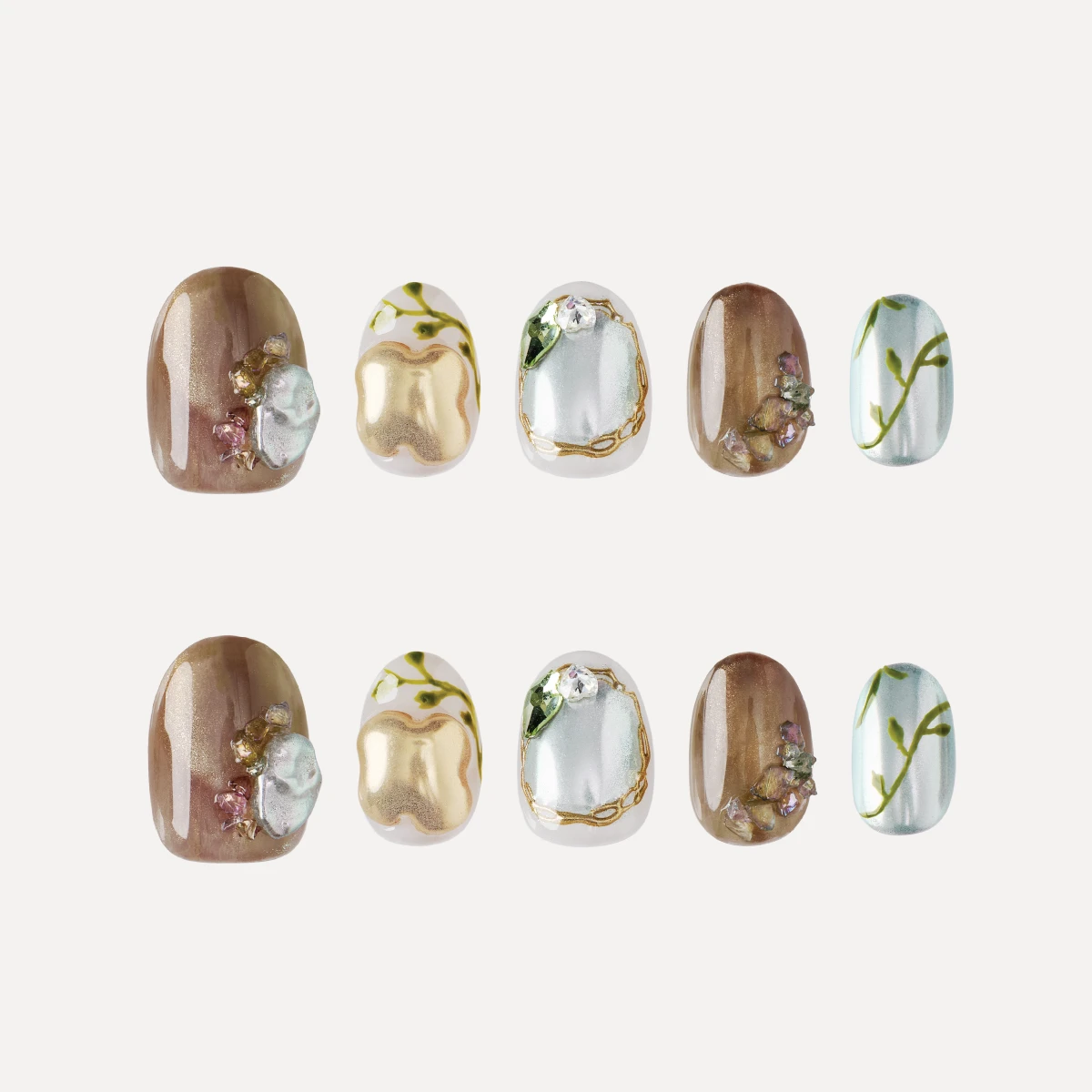 Short round press-on nail set with green, gold and translucent designs