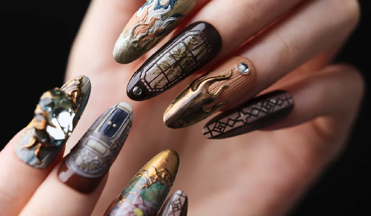 LOST in PARK couture press-on nails with baroque stained glass art and flame design